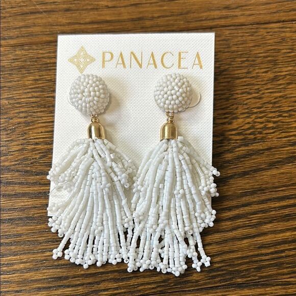 NWOT-Panacea White Beaded Tassel Earrings - Picture 1 of 3